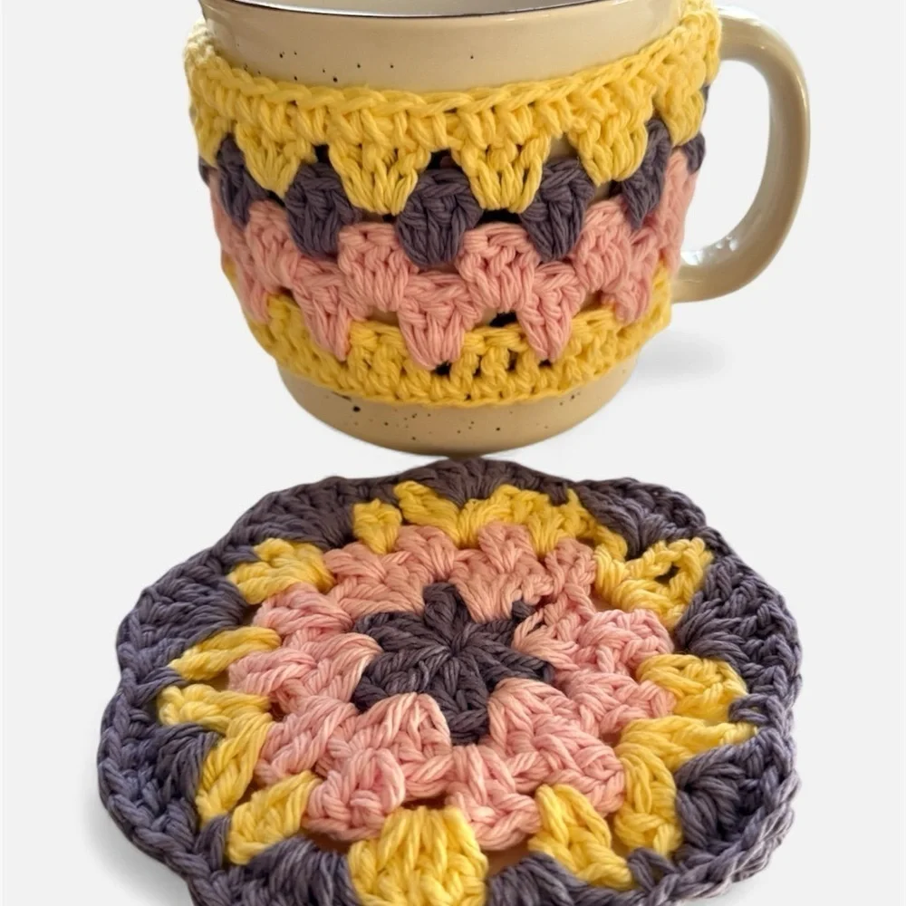 Handmade Pastel Granny Square Mug Cozy & Coaster Set